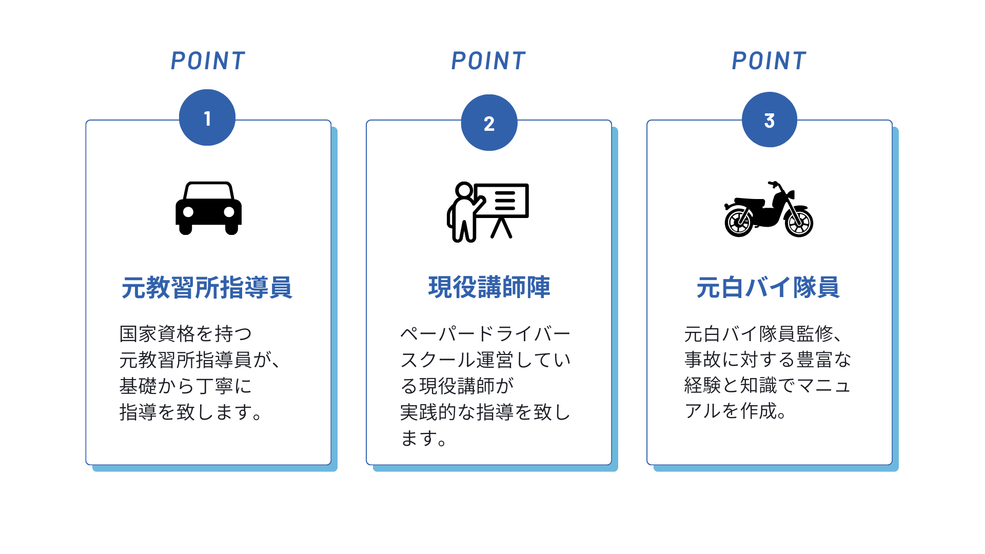 協会の3つの強み 元教習所指導員・現役講師陣・元白バイ隊員